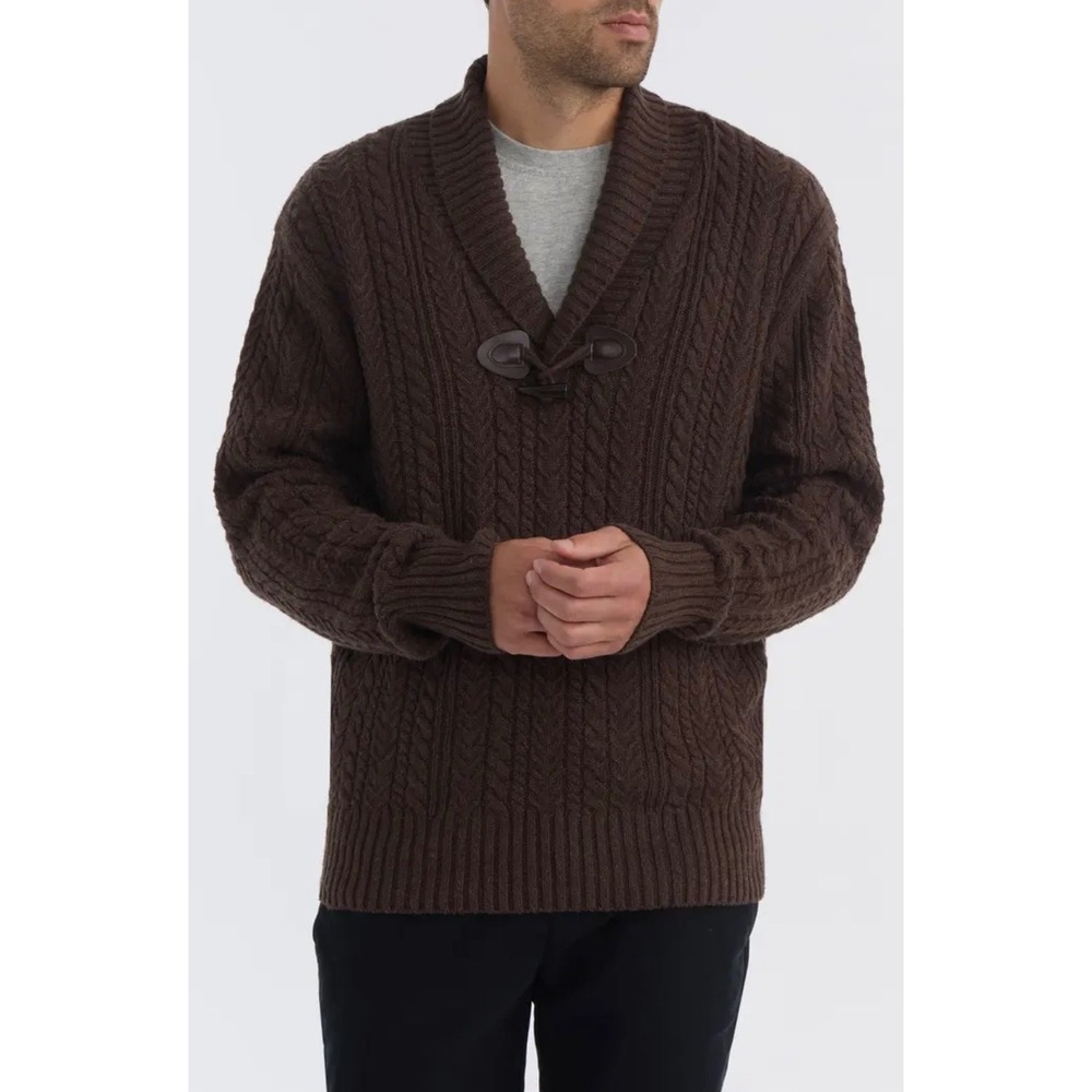 Hunter Brown Cable‎ Knit Shawl Collar Toggle Sweater Small Cotton Wool Blend